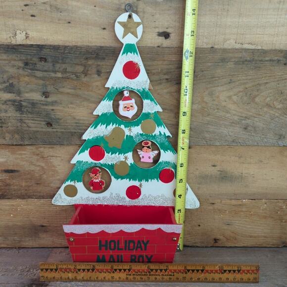 Vintage Holiday Mail Box Wooden Decorated Christmas Tree Card Holder - Picture 9 of 10